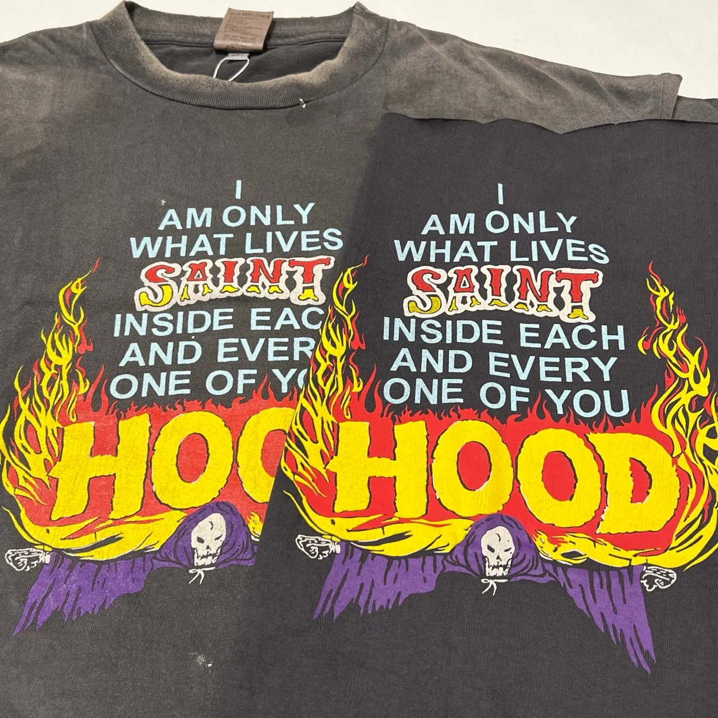 Printed pattern SAINT Mxxxxxx × NEIGHBORHOOD STHD . SS TEE HOOD/BLK NBHD Takizawa Shinsuke joint model Flame Wings HOOD distressed short sleeves washed black S-XL